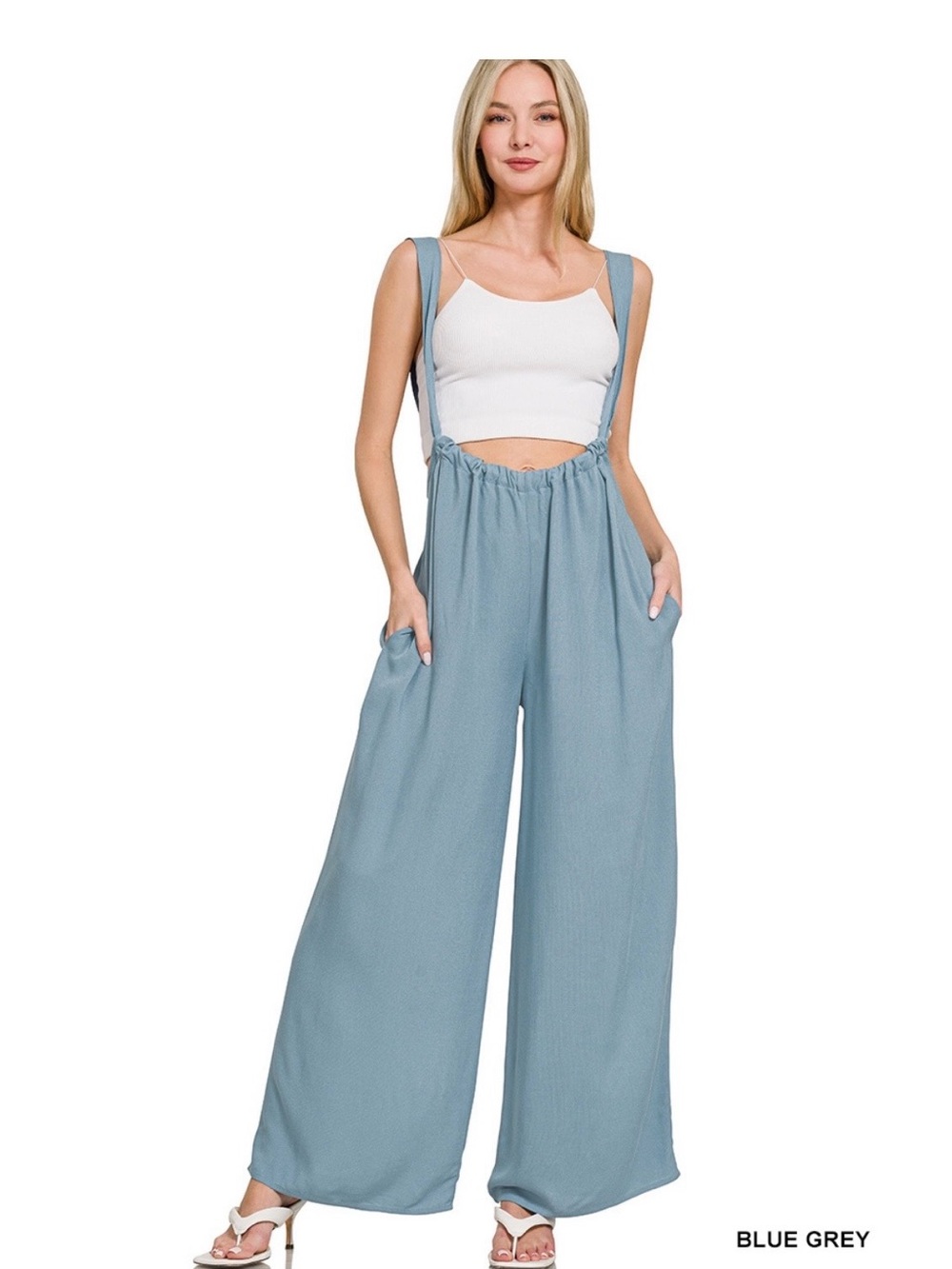 Zenana Blue-Grey Wide Leg Suspender Jumpsuit